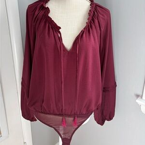 Promesa, Burgundy Ruffle Bodysuit Blouse, Large